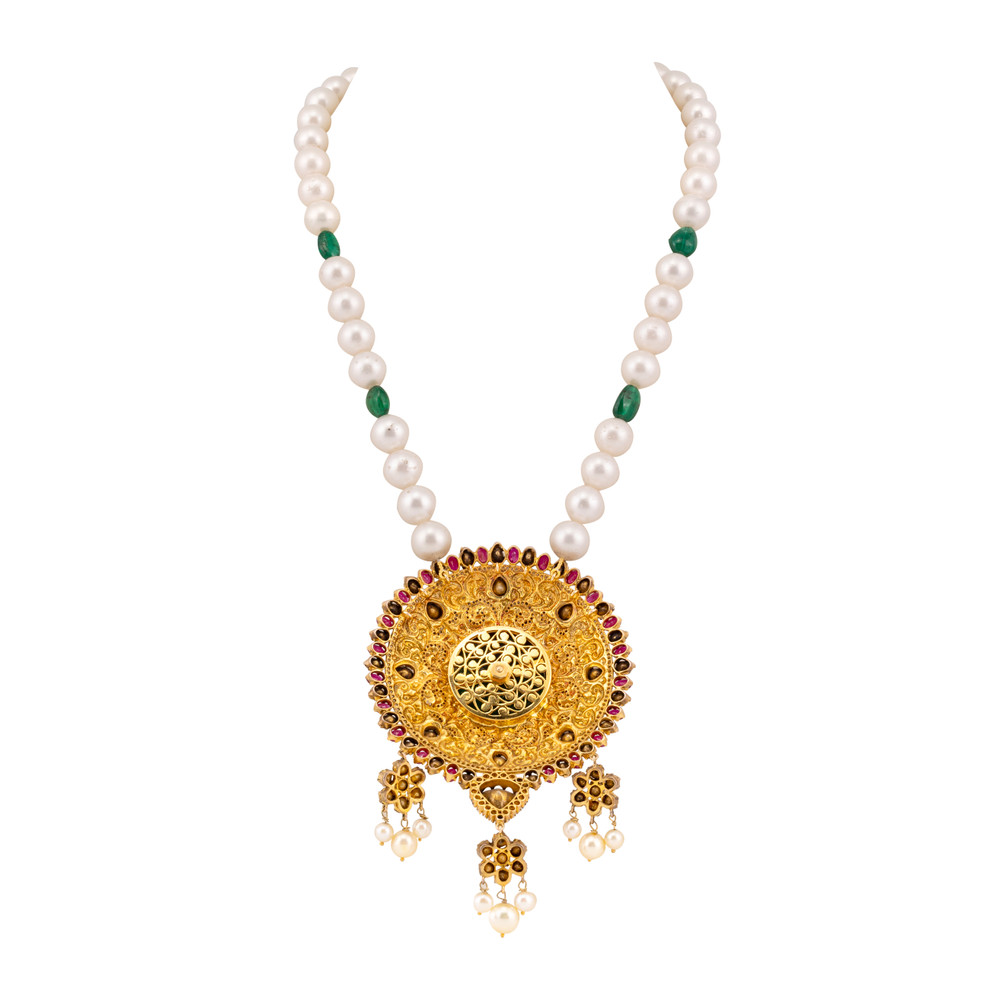 Carved Emerald Pendant Necklace with Rubies and South Sea Pearls